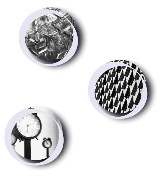 The black and white photos in circle frames showing glass scuplture, windows on a building and three clocks on sticks