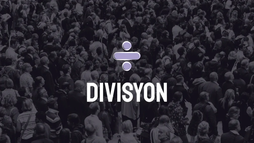 Divisyon logo negative white and light purple on dark background with a photo of large group of people